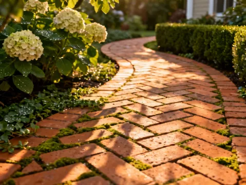 Acme Brick clay pavers in herringbone pattern garden path